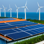 A vibrant, professional photograph showcasing the integration of renewable energy in Vietnam. In the foreground, sleek, modern rooftop solar panels gleam on a contemporary residential building in an urban Vietnamese setting. In the background, majestic offshore wind turbines rotate gracefully against a clear sky over the calm sea, reminiscent of the Bac Lieu wind farm. The image captures advanced technology and sustainable development. Professional photography, high resolution, detailed, safe for work, appropriate content, fully clothed, professional dress. Emphasizing perfect anatomy, correct proportions, well-formed hands, proper finger count, and natural body proportions for any incidental human figures.