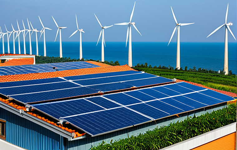 A vibrant, professional photograph showcasing the integration of renewable energy in Vietnam. In the foreground, sleek, modern rooftop solar panels gleam on a contemporary residential building in an urban Vietnamese setting. In the background, majestic offshore wind turbines rotate gracefully against a clear sky over the calm sea, reminiscent of the Bac Lieu wind farm. The image captures advanced technology and sustainable development. Professional photography, high resolution, detailed, safe for work, appropriate content, fully clothed, professional dress. Emphasizing perfect anatomy, correct proportions, well-formed hands, proper finger count, and natural body proportions for any incidental human figures.