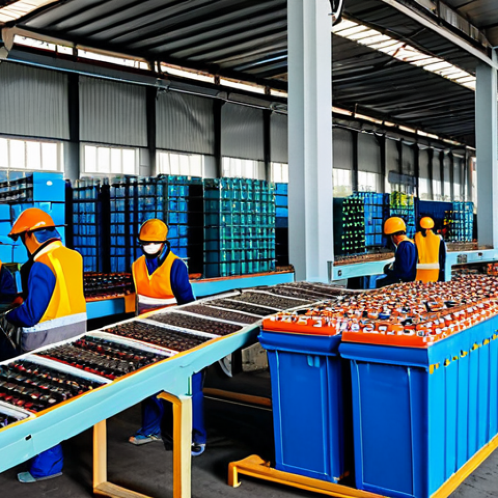 **

"A modern battery recycling plant in Vietnam. Workers in appropriate safety gear are sorting used EV batteries. Visible are machinery, conveyor belts, and storage containers. The scene is bright and industrial, showcasing the recycling process. fully clothed, appropriate attire, safe for work, perfect anatomy, natural proportions, professional, family-friendly."

**