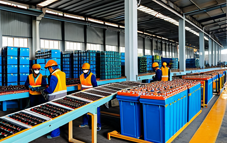 **

"A modern battery recycling plant in Vietnam. Workers in appropriate safety gear are sorting used EV batteries. Visible are machinery, conveyor belts, and storage containers. The scene is bright and industrial, showcasing the recycling process. fully clothed, appropriate attire, safe for work, perfect anatomy, natural proportions, professional, family-friendly."

**