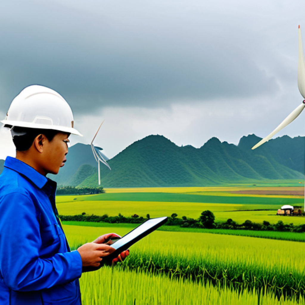 Wind Turbine Site Assessment**

"A team of engineers in appropriate work attire, inspecting a wind turbine site in the Vietnamese countryside, fully clothed, professional equipment, safe for work, rolling hills in the background, correct proportions, overcast sky, examining wind data on a tablet, appropriate content, high quality."

**