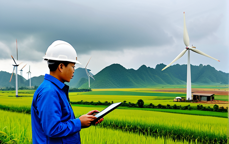 Wind Turbine Site Assessment**

"A team of engineers in appropriate work attire, inspecting a wind turbine site in the Vietnamese countryside, fully clothed, professional equipment, safe for work, rolling hills in the background, correct proportions, overcast sky, examining wind data on a tablet, appropriate content, high quality."

**