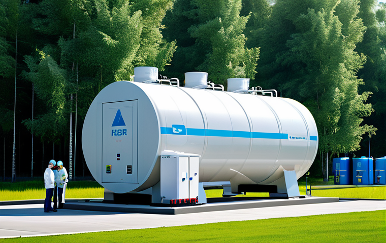 수소 에너지 저장 기술 - **

"A large hydrogen storage tank at a modern hydrogen fueling station, surrounded by green trees, ...