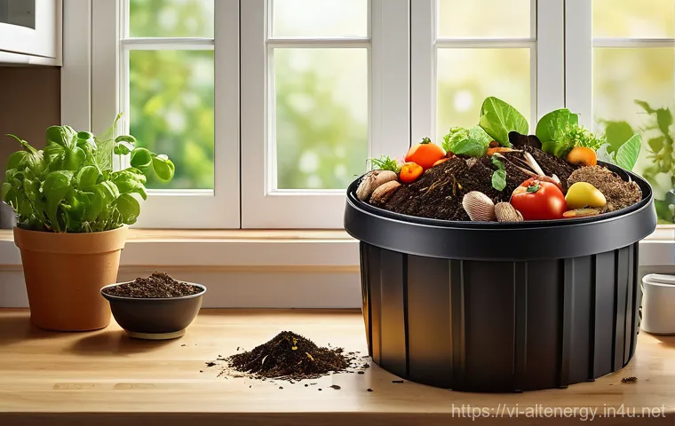탄소 중립 목표 - Composting kitchen scraps into a small, tidy compost bin in a cozy kitchen or garden corner.