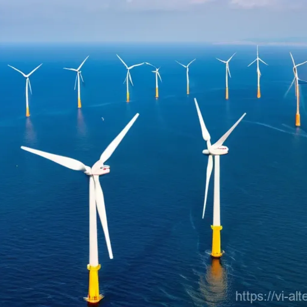 대체에너지 기술 혁신 - A breathtaking panoramic view of a massive offshore wind farm located off the coast of Vietnam. Gian...