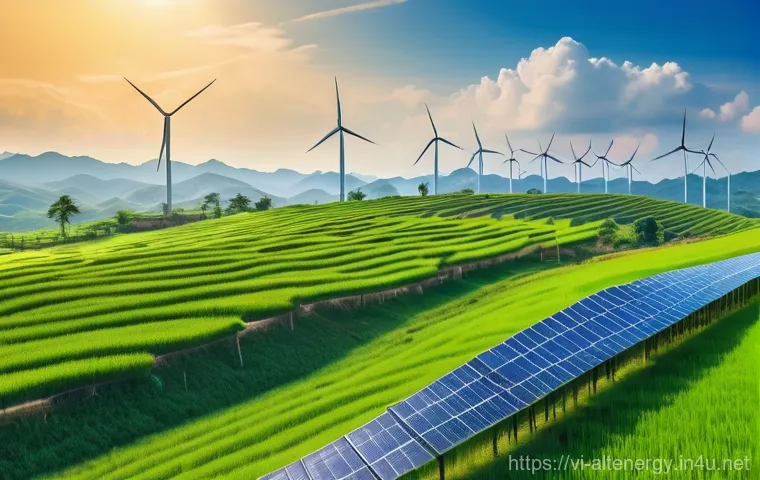 대체에너지 기술 혁신 - A breathtaking panoramic view of a massive offshore wind farm located off the coast of Vietnam. Gian...