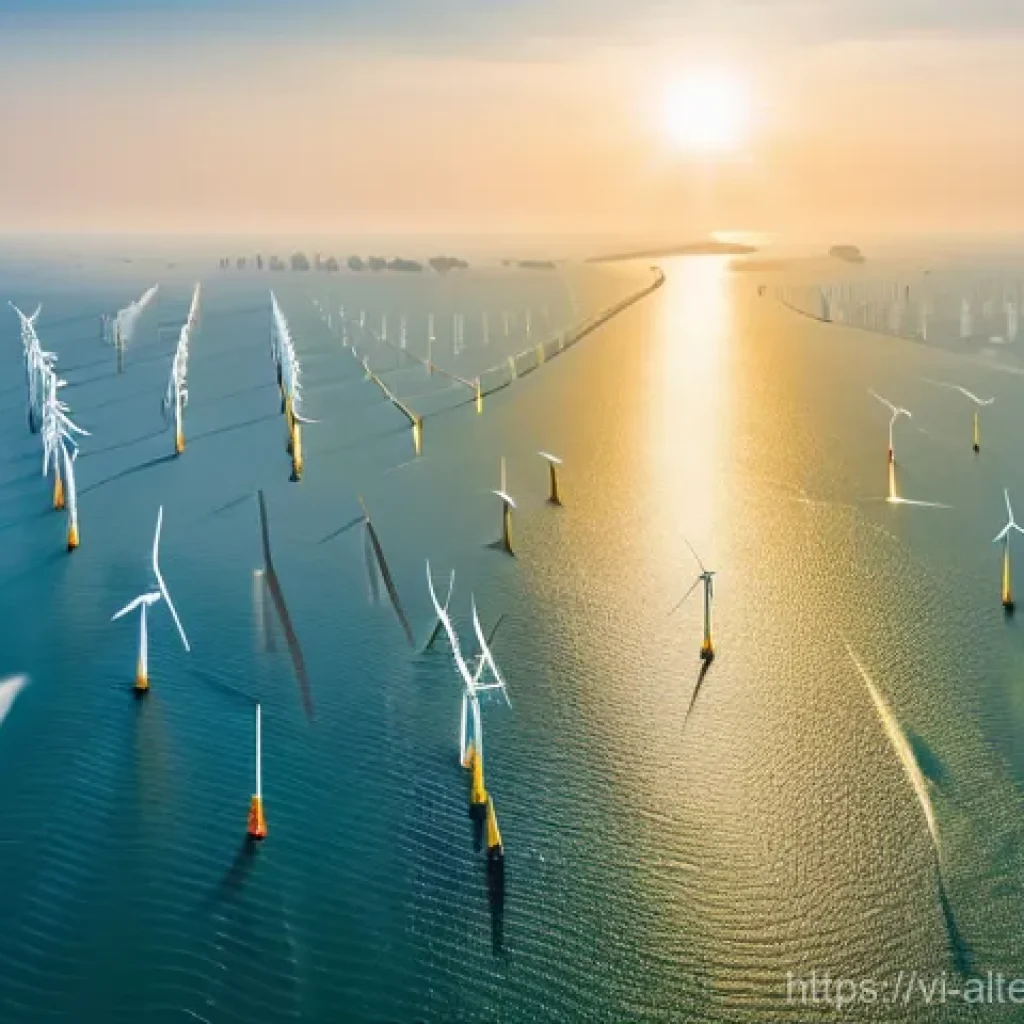 대체에너지 기업의 시장 가치 - **Prompt:** A breathtaking panoramic view of a massive solar farm and offshore wind park seamlessly ...