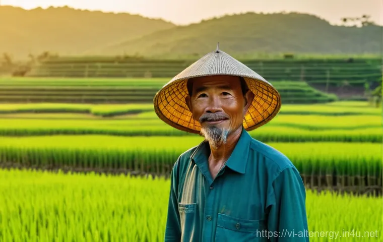 농업용 풍력 발전 - **Prompt:** "A proud Vietnamese male farmer, in his late 40s, with a weathered but kind face, wearin...