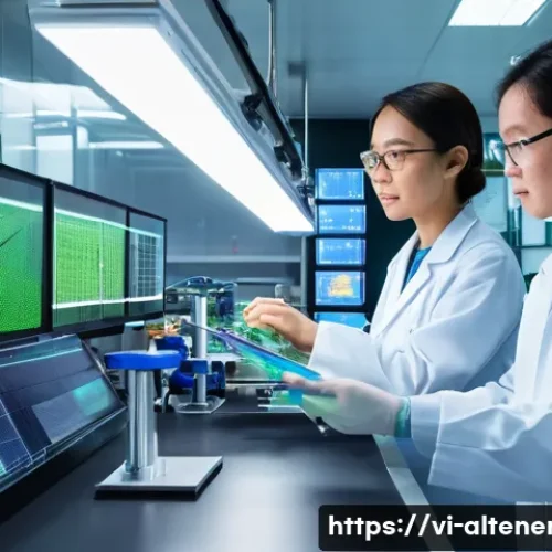 대체에너지 연구소의 역할 - A bright, futuristic research laboratory in Vietnam, bustling with a diverse team of Vietnamese scie...