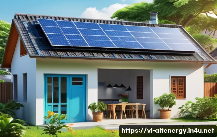 에너지 저장 배터리 기술 - A detailed, realistic illustration of a modern Vietnamese household rooftop solar energy system with...