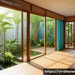 친환경 주택 설계 - A modern Vietnamese house exterior during daytime featuring large south-facing glass windows with ec...