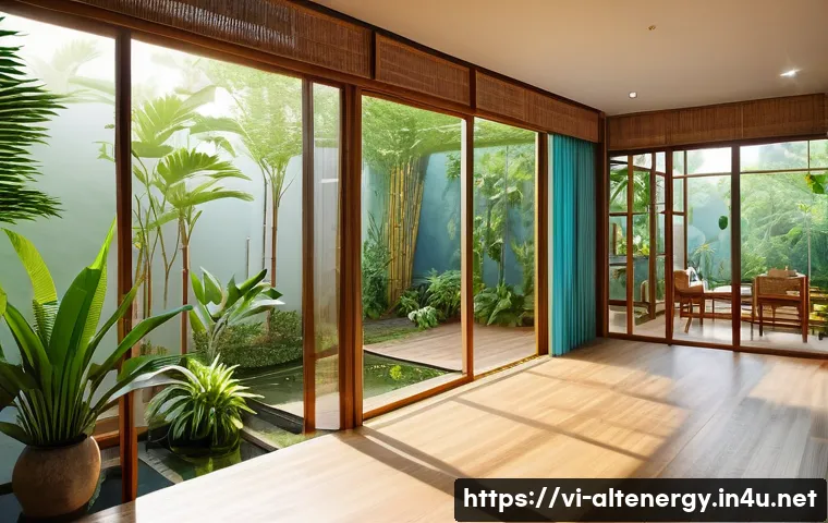 친환경 주택 설계 - A modern Vietnamese house exterior during daytime featuring large south-facing glass windows with ec...