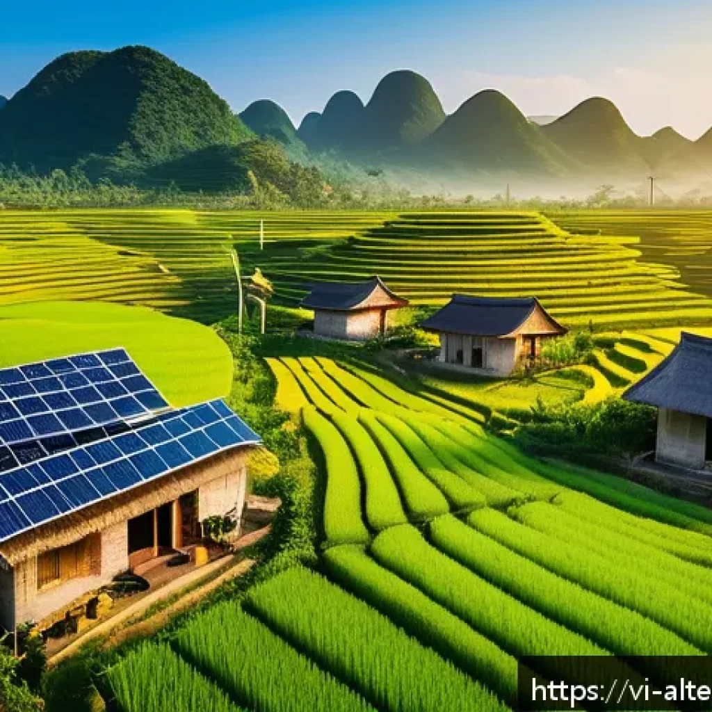 전 세계 대체에너지 협정 - A vibrant rural Vietnamese village scene at sunrise featuring traditional houses with solar panels i...