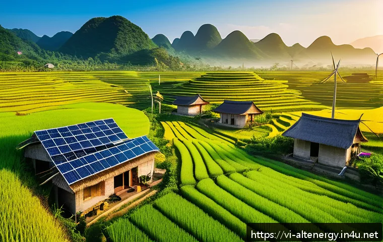 전 세계 대체에너지 협정 - A vibrant rural Vietnamese village scene at sunrise featuring traditional houses with solar panels i...