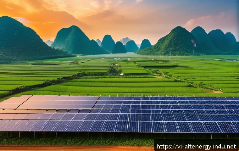 대체에너지 관련 ETF - A panoramic view of a large-scale solar farm in Vietnam’s South Central Coast region during golden h...