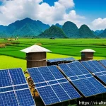 대체에너지 관련 국제 규제 - A vibrant rural Vietnamese village scene showcasing a large-scale solar panel installation on roofto...