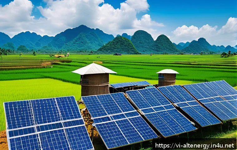 대체에너지 관련 국제 규제 - A vibrant rural Vietnamese village scene showcasing a large-scale solar panel installation on roofto...