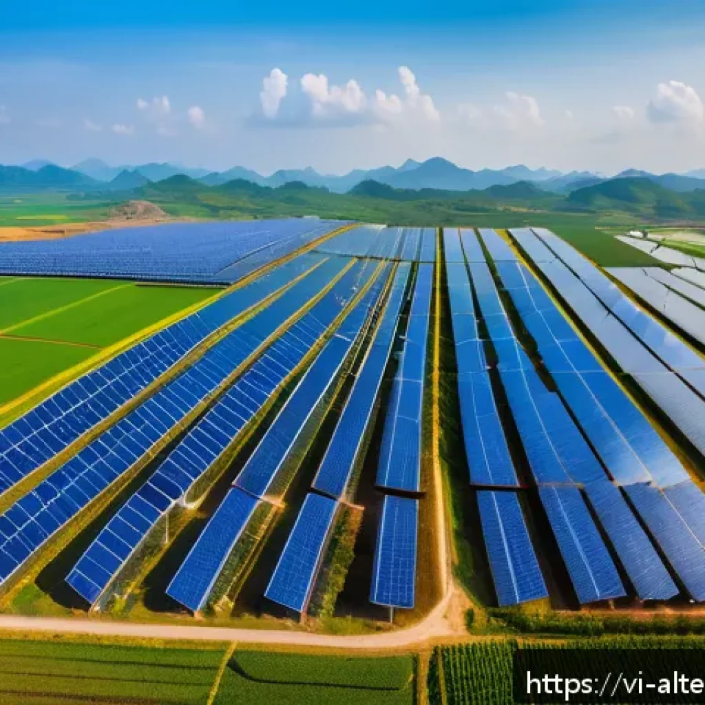 대체에너지 기업 주식 분석 - A vibrant and detailed aerial view of a large solar power farm in Central Vietnam’s coastal region d...