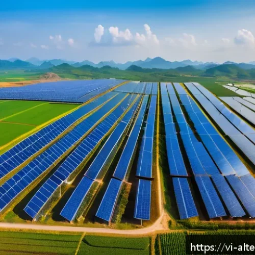 대체에너지 기업 주식 분석 - A vibrant and detailed aerial view of a large solar power farm in Central Vietnam’s coastal region d...
