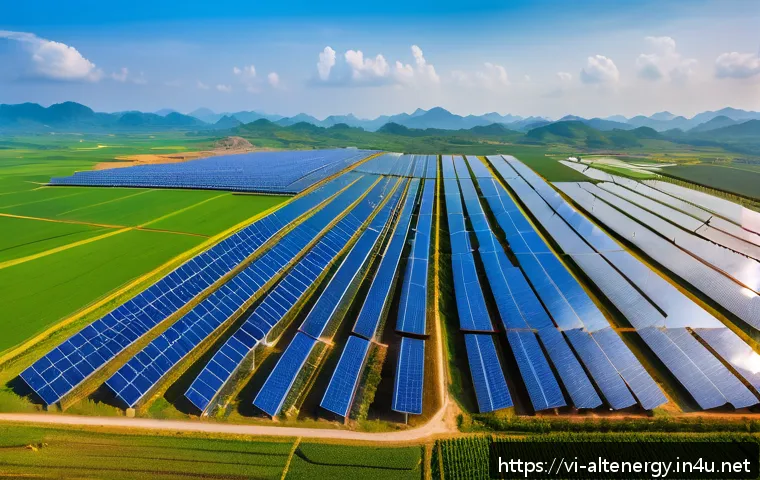 대체에너지 기업 주식 분석 - A vibrant and detailed aerial view of a large solar power farm in Central Vietnam’s coastal region d...