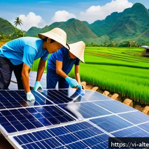 대체에너지 사회적 인식 변화 - A vibrant Vietnamese rural family installing rooftop solar panels on their traditional tiled house u...
