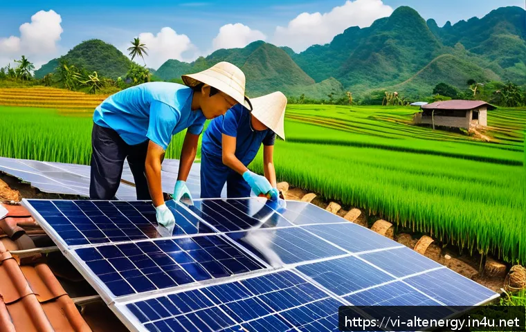 대체에너지 사회적 인식 변화 - A vibrant Vietnamese rural family installing rooftop solar panels on their traditional tiled house u...
