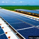 산업 에너지 관리 - A rooftop solar panel installation on a large Vietnamese food processing factory building under a br...