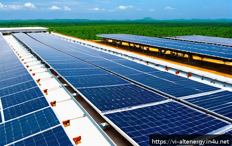 산업 에너지 관리 - A rooftop solar panel installation on a large Vietnamese food processing factory building under a br...