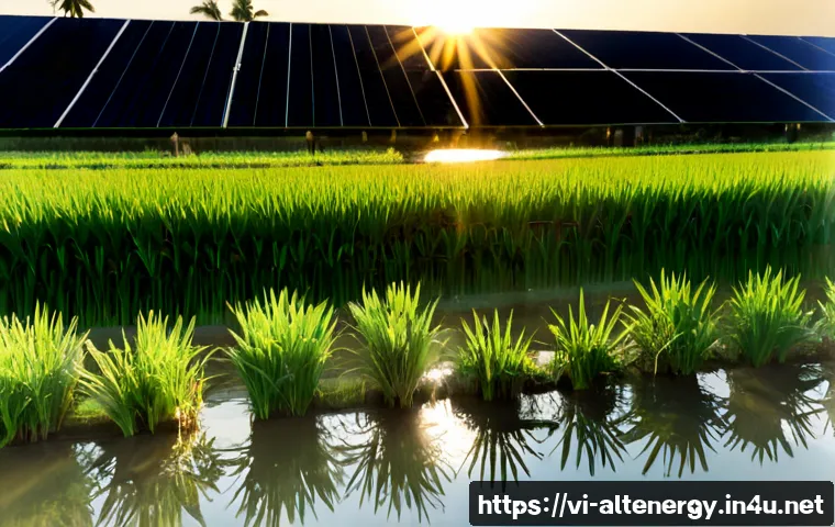 Home 29 대체에너지 생산과 환경 - Photorealistic wide-angle view of a modern solar farm beside lush Vietnamese rice fields at sunrise,...
