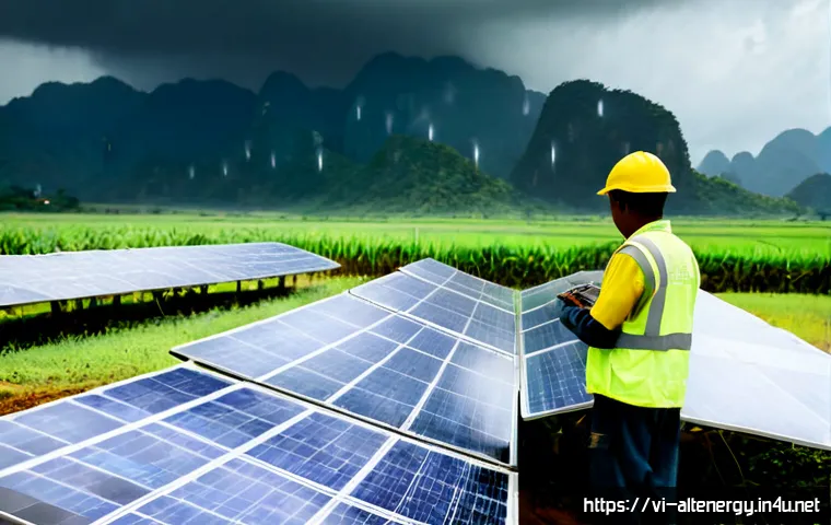 Home 16 대체에너지의 기술적 한계 - Photorealistic solar energy limitation scene in rural Vietnam, a wide field of solar panels under he...