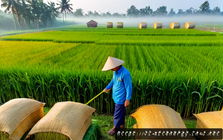 Home 17 농업용 바이오매스 에너지 - Photorealistic Vietnamese rice farm at sunrise, a compact biomass energy facility beside golden rice...