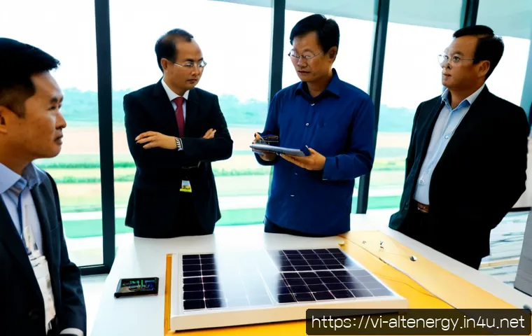 대체에너지 관련 학회 - Photorealistic renewable energy conference in a modern Hanoi convention hall, diverse Vietnamese eng...