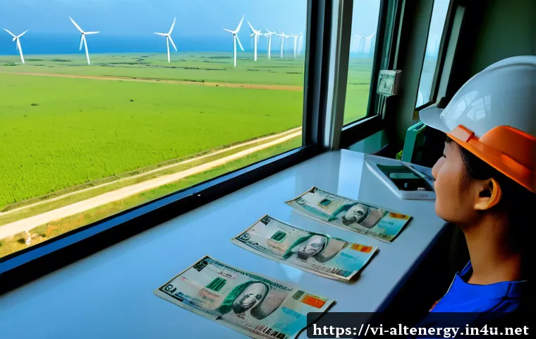 풍력 에너지 비용 - Photorealistic wide-angle view of modern wind turbines across a green coastal plain in central Vietn...
