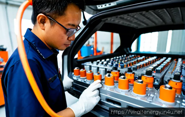 전기차 배터리 기술 - Photorealistic close-up of an advanced electric vehicle battery pack being inspected by a Vietnamese...