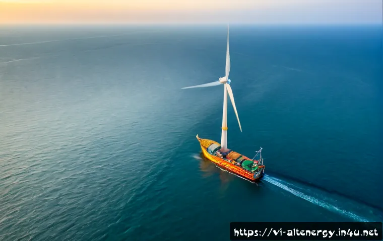 해상 풍력 발전 - Photorealistic wide aerial view of an offshore wind farm off the Vietnamese coastline at sunrise, ta...